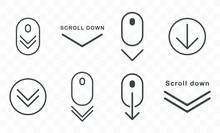 Scroll Down Icon Shape Set. Scrolling Mouse Symbol For Web Or App Design. Isolated On Transparent Background. Trend Line Design Sign. Vector Illustration.