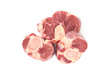 Three slices of fresh shank steak on a white background. Fresh Osso Buco steaks. The view from the top.