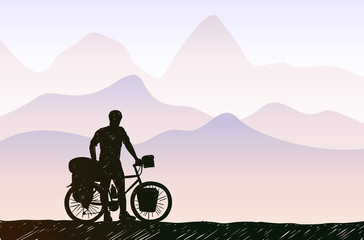 Wall Mural - Bikepacking in mountain landscape. Traveling man standing with touring bicycle with bags silhouette hand drawn vector