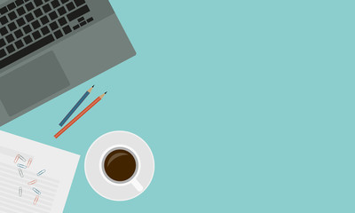 Poster - Flat design illustration of work desk, cup of coffee or hot chocolate with saucer and leptop. Top view of sheet of paper and pencil, space for text, vector