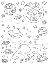 Coloring Page With Different Planets, Alien Spaceships, Nebulae And Stars, Black Elements On A White Background. Vector Design Template For Kids Coloring Book, Print. Entertainment And Recreation