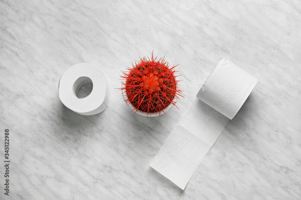 Toilet paper with cactus on light background. Hemorrhoids concept