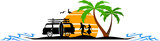 Fototapeta Las - Palm Beach Van Surf Silhouette Vector