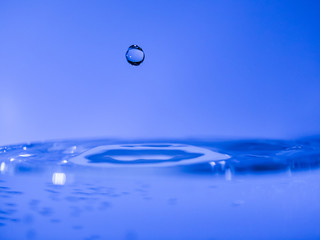 Water drop creating waves ripples and air borne water droplet