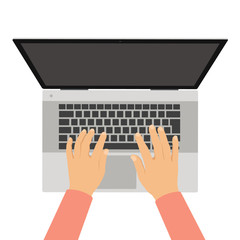 Poster - Flat design illustration of work desk and hand typing on silver laptop keyboard. Top view and space for text isolated on white background, vector