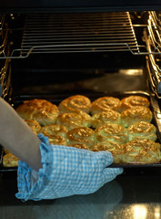 Wall Mural - Woman hand taking baking tray with delicious pie from oven