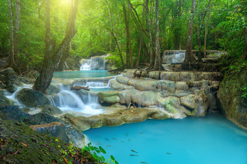 Wall Mural - Beautiful waterfall in deep forest at Erawan National Park, Thailand.