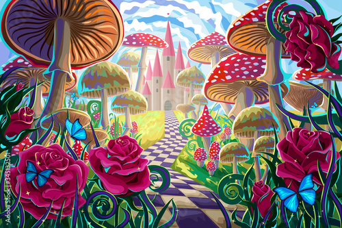 fantastic landscape with mushrooms, beautiful old castle, red roses and butterflies Tableau sur Toile
