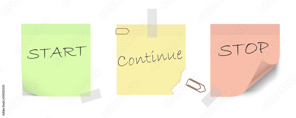 Start, Continue, Stop. Colorful sticky notes to be used by agile ...