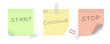 © Solveig - Start, Continue, Stop. Colorful sticky notes to be used by agile development teams for retrospective evaluation.
