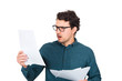 © 1STunningART - Perplexed businessman looking stunned at paper documents isolated on white background. Confused business person in trouble as holds different sheets with negative financial reports. Frightened guy.