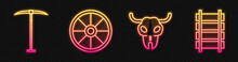 Set Line Buffalo Skull, Pickaxe, Old Wooden Wheel And Railway, Railroad Track. Glowing Neon Icon. Vector