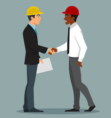 Strategic Partnership Flat Vector Web Banner, Website Design Template with Two Smiling Businessman in Safety Helmets, Shaking Hands.