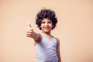 Wall Mural - A portrait of smiling kid boy hair showing thumb up gesture. Children and emotions concept