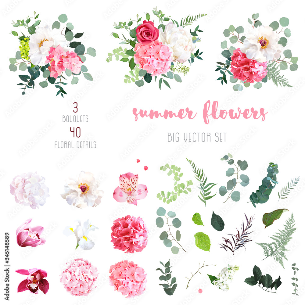 Pink hydrangea, rose, white peony, iris, ochid and sage greenery - obrazy, fototapety, plakaty 