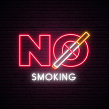 Stop Smoking Neon Sign. Prohibition Symbol Of Smoking. Neon Cigarette In Red Circle. Vector Neon Signboard For World No Tobacco Day.