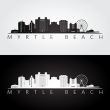 Myrtle Beach, South Carolina Skyline And Landmarks Silhouette, Black And White Design, Vector Illustration.