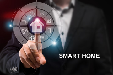 Poster - Young businessman pressing house icon on transparent display and words SMART HOME, collage
