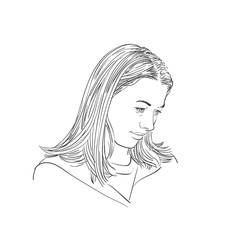 Wall Mural - Portrait of young woman with long hair looking down, Vector sketch, Hand drawn illustration