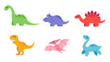 Fototapeta Dinusie - Set of cute dinosaurs: diplodocus, triceratops, stegosaurus, tyrannosaurus rex, pterodactyl and plesiosaurus