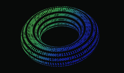 Aufkleber - Glowing neon torus made of binary digits, zeros and ones. Metaphor of complexity and connectionism, cyberspace and virtual reality.
