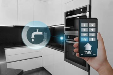 Poster - Innovation and technologies. Woman using smart home digital interface on cell phone, creative collage