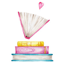 Stack Of Colorful Books And Pink Heart; Watercolor Hand Draw Illustration; With White Isolated Background