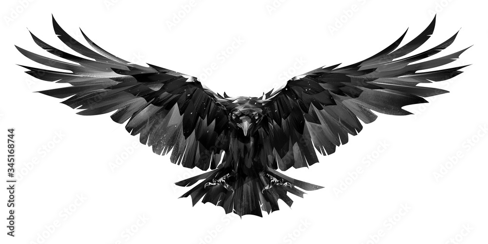 painted raven bird in flight on a white background - obrazy, fototapety, plakaty 