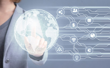 Poster - Woman in suit touching hologram of earth with diverse icons