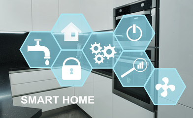 Poster - Collage with smart home control icons of appliances and devices on virtual screen, double exposure of kitchen interior