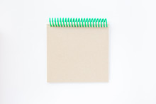  Mockup With Notepad On Springs With Recycled Eco Paper On A White Background. Card With Copy Space For Text