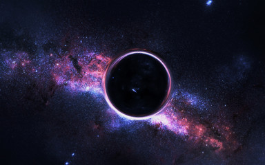 Wall Mural - black hole somewhere in space with far galaxy on the background. dramatic space background. science 