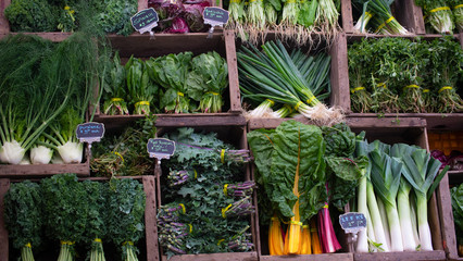 Edible greens on display, Farmers Market, Portland Oregon