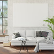 Living room with couch and mockup pictures. Clipping path for mockup canvas picture included. 3D render. 3D illustration.