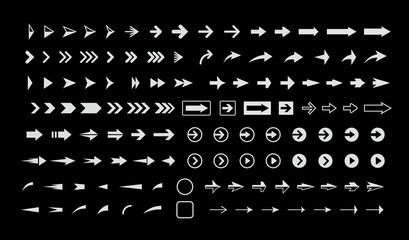 Poster - White arrows on black background, vector icons set, interface isolated symbols pack. Next, forward, previous buttons plain signs bundle. Cursors pictograms collection for web.