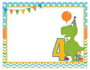 A vector illustration of a blank empty fourth birthday party invitation frame with a cute Tyrannosaurus Rex dinosaur wearing a party hat, holding a balloon with gifts