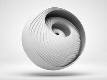 3d Render Of Abstract Art Of Surreal 3d Mechanical Ball In Swirl Twisted Round Shape In Light Grey Matte Plastic Material On White Background