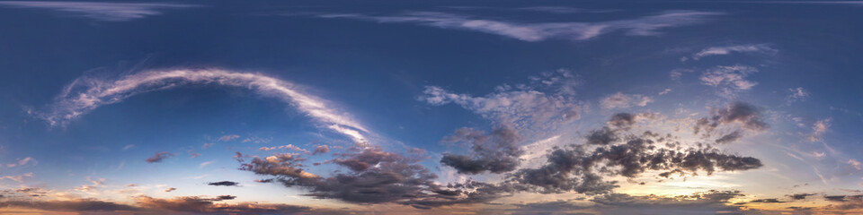 Wall Mural - seamless hdri panorama 360 degrees angle view blue evening sky with beautiful clouds before sunset w