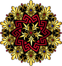 Traditional Vintage Gold And Red Circle Greek Ornament And Floral Pattern On White Background