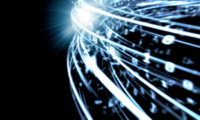 Poster - 3d rendering of computer binary data transmitted fast within network optical fiber cable. for networ