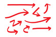 Hand drawn red arrows doodle direction mark. Handmade sketch symbols set on a white background. vector illustration graphic design elements.