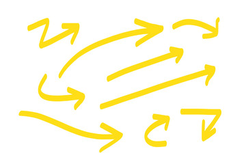 Fototapete - Hand drawn yellow arrows doodle direction mark. Handmade sketch symbols set on a white background. vector illustration graphic design elements.