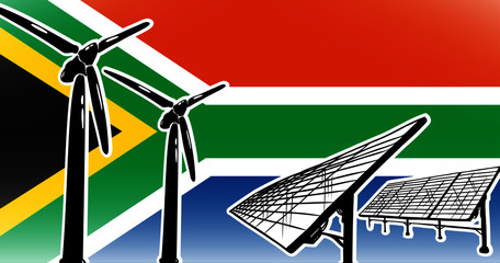 Wall Mural - Alternative energy vector concept for South Africa wind turbines and solar panels on flag background, used colors blue, red, green, gold