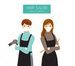 Female And Male Hairdresser Wearing Surgical Mask With Hair Salon Equipments In Hands