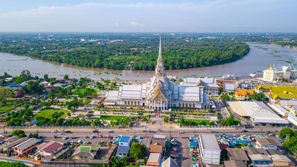 Aerial view of great grand architecture of Wat Sothon Wararam Worawihan located near Bang Pakong river in Chachoengsao province, Thailand.