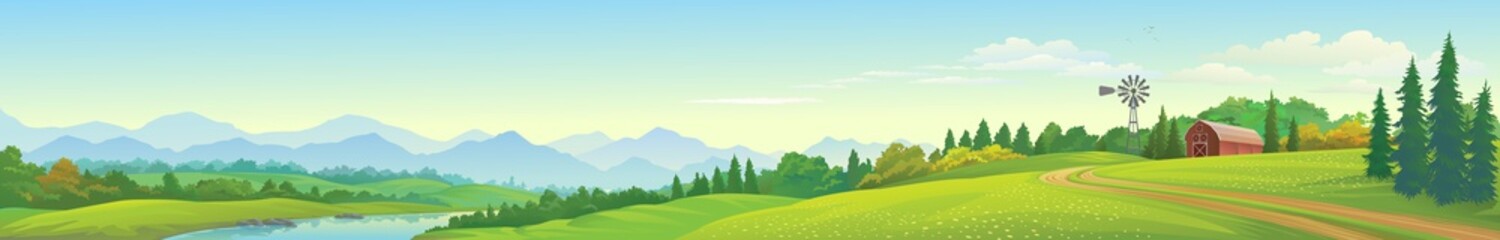 Wall Mural - a panoramic view of the lake, mountains, meadows and a barn.