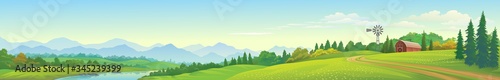 Fotomural A panoramic view of the lake, mountains, meadows and a barn.