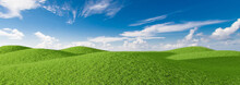 Green Grass Field On Small Hills With Blue Sky And Clouds. 3D Rendering.
