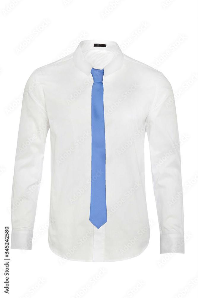 Biała męska koszula oraz niebieski krawat na białym wyizolowanym tle, zdjęcie  duch produktowe. - obrazy, fototapety, plakaty 