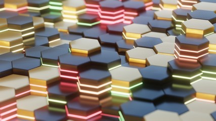 Poster - 3D illustration abstract futuristic surface with colorful Hexagons pattern background. High technology concept background. 3D Rendering.